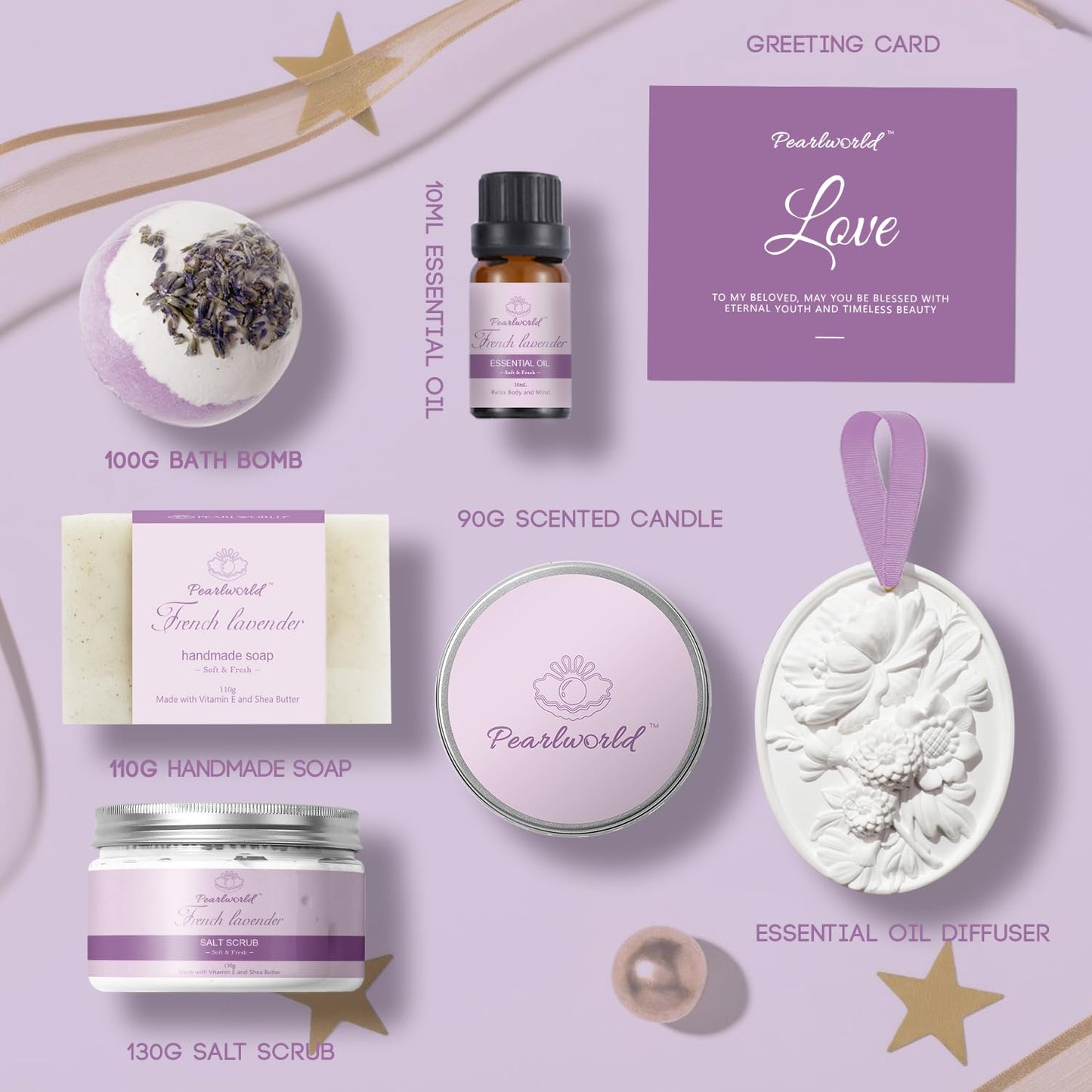 Lavender Spa Gift Set for Women, Bath Sets for Women Gift, Spa Kit for Women, Self Care and Valentines Day Gifts for Women, 7 Piece Home Spa Set